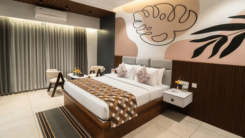 Modern hotel room with contemporary decor and comfortable furnishings